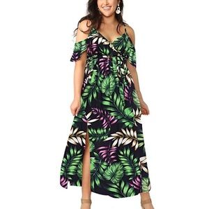 Tropical Leaf Print Maxi Dress